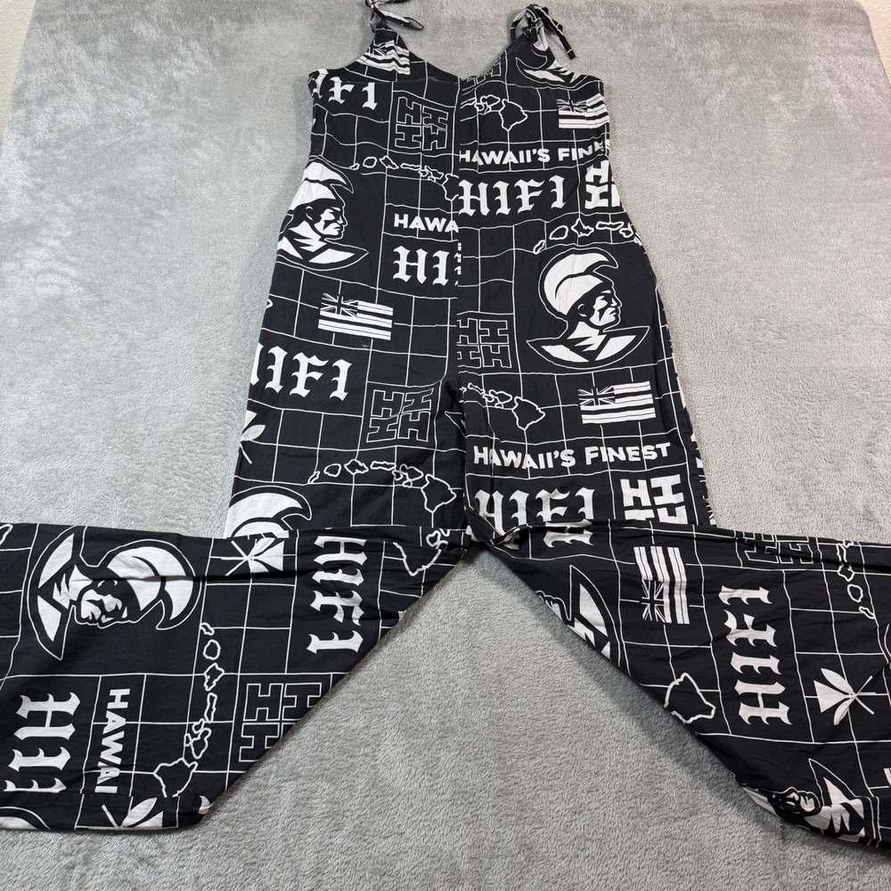 Hawaii's Finest Jumpsuit Women Small Black Graphic Print Wide Leg Tie Strap